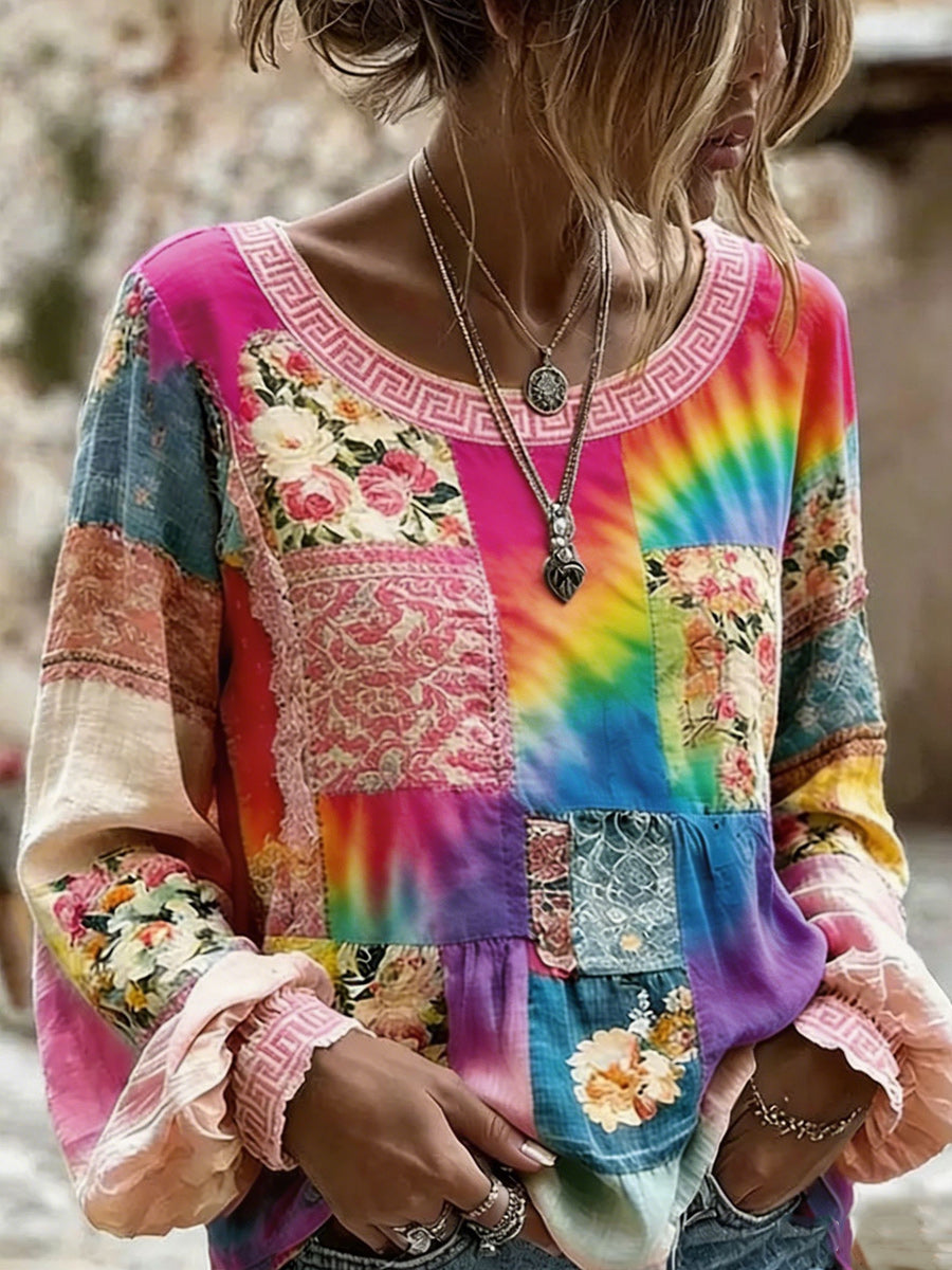 Rainbow Floral Art Printed Vintage Round-Neck Casual Long Sleeve Shirt